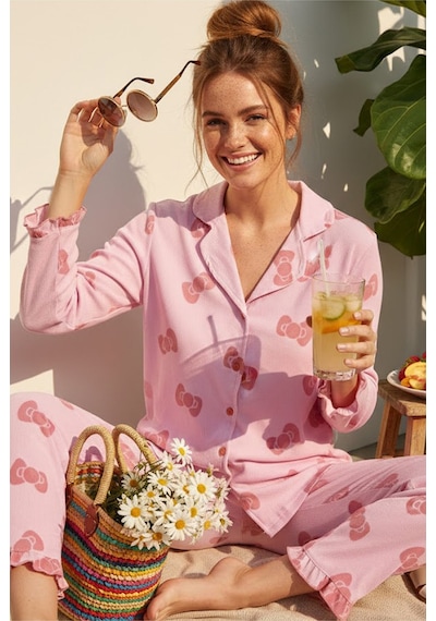 Siyah İnci Bürümcük-krınkıl Uzun Kollu Düğmeli Pijama Takım 7993 Fiyonk