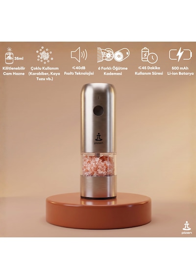 Pizen Windmill Usb Şarjlı Otomatik Baharat Öğütücü Led Işıklı Ayarlanabilir Tuz Karabiber Değirmeni Gümüş