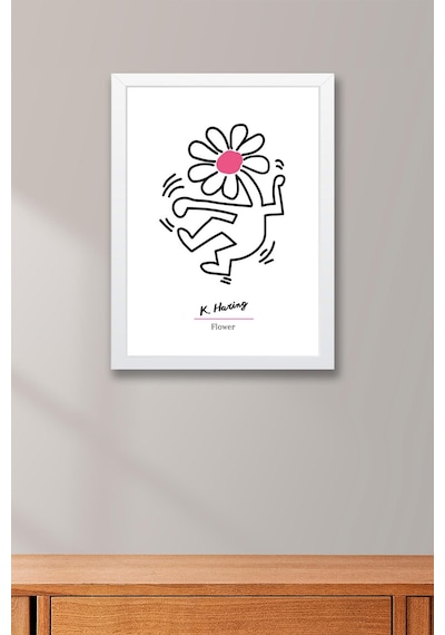 Keith Haring Flower Çerçeveli Tablo - Dans Eden Çiçek - Eklektik Tarz Duvar Dekoru