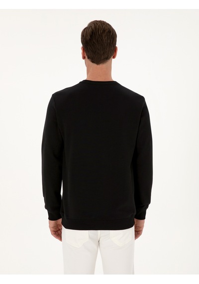 Siyah Regular Fit %100 Pamuk 3 İplik Bisiklet Yaka Sweatshirt