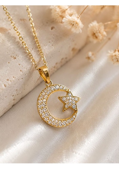 Ay Yıldız Zirkon Taşlı Gold Çelik Kolye Altın