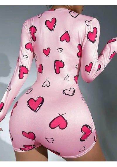 Ang Butik Kadın Pamuklu Pembe Desenli Düğmeli Uzun Kol Tulum Pijama