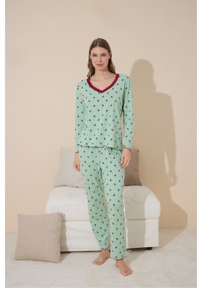 Siyah İnci Pamuklu Örme Pijama Takım 24240086 Yeşil