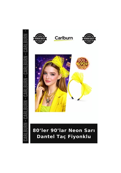 80 Ler 90 Lar Neon Sarı Dantel Taç Fiyonklu Gece Tacı Eğlence Unsuru Saç Bandı +3