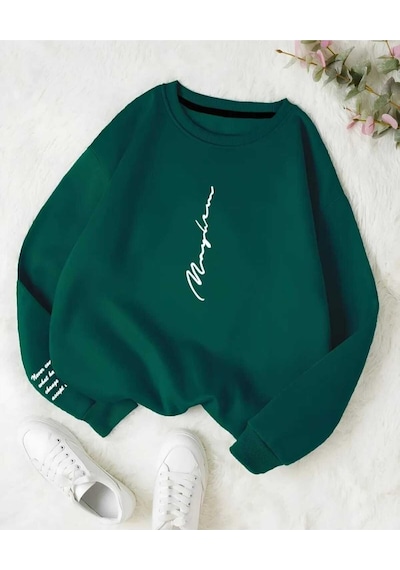 Kozia Outdoors Malkoçbey Never Baskılı Oversize Unisex Bisiklet Yaka Sweatşhirt Yeşil Yeşil