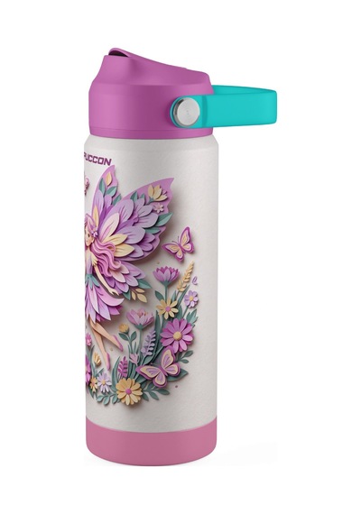 Puccon 540 Ml Sevimli Peri Kız Baskılı Mor Kız Çocuk Pipetli Çelik Termos Matara/suluk - 60059