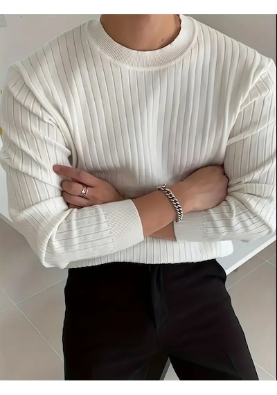 Erkek Bisiklet Yaka Slim Fit Triko Kazak Beyaz