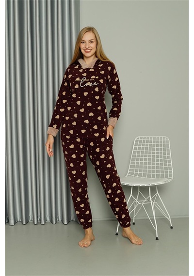 Akbeniz Welsoft Polar Kadın Kapşonlu Pijama Takımı 8513 - L Bordo