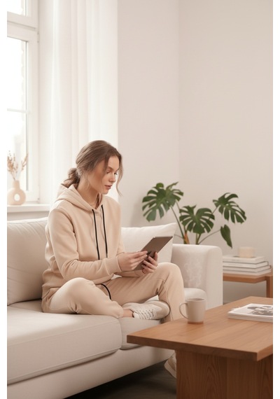 Moibody Kadın 3 İplik Şardonlu Eşofman Takımı Premium Kapüşonlu Sweatshirt Ve Jogger Alt Krem Krem
