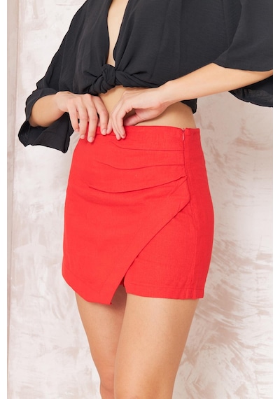 Darlin Moda Kadın Kırmızı Drapeli Yırtmaçlı Keten Karışımlı Mini Şort Etek Dm2035 958 Kırmızı