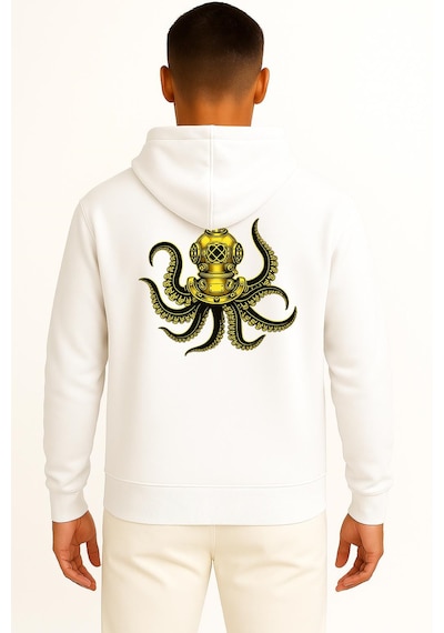 Bahriyeli Collection Kapüşonlu Steampunk Octopus Dalgıç Başlığı Cep Ve Sırt Baskılı Unisex Sweatshirt Beyaz