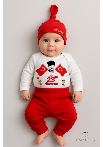 Babyden's İlk 23 Nisan Bayramı Bebek Takımı Atatürk Baskılı %100 Pamuk Uzun Kollu Body Pantolon Şapka Seti Kırmızı - Beyaz Babyden's İlk 23 Nisan Bayramı Bebek Takımı Atatürk Baskılı %100 Pamuk Uzun Kollu Body Pantolon Şapka Seti Kırmızı - Beyaz