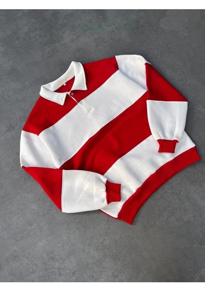 Luz&pos Erkek Üç İplik Parçalı Yakalı Sweatshirt - Kırmızı Kırmızı