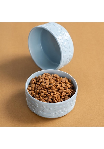 Mavi Kedi Köpek Mama Kabı 2li Seramik Kabartmalı Kedi Köpek Mama Ve Su Kabı 13.5 Cm 500ml