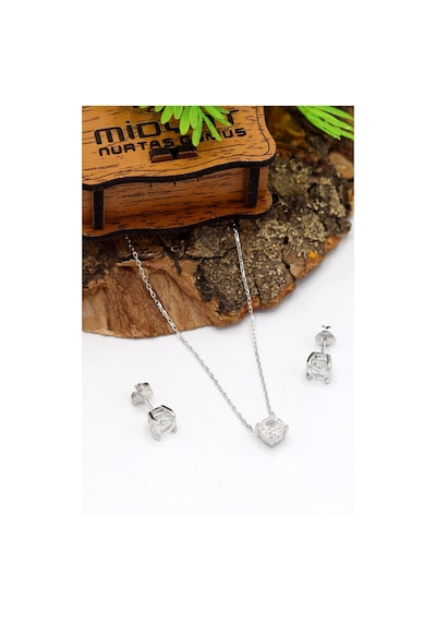 Yuvarlak Mozanit Taşlı 925 Ayar Gümüş Küpe Ve Kolye 2'li Set 201024820 Gümüş