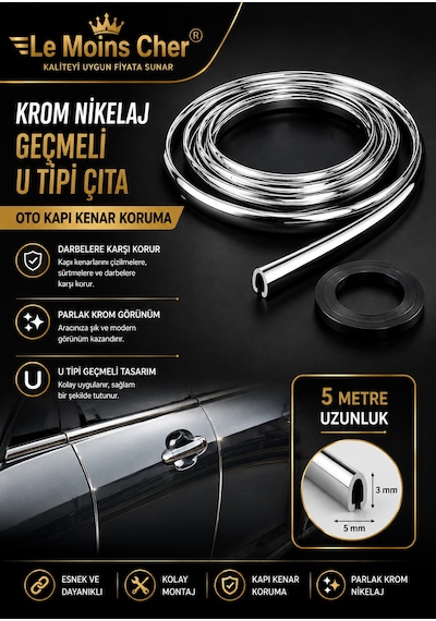 Seat Leon Style Geçmeli U Tipi Çıta 5 Metre Krom Nikelaj Oto Kapı Koruma