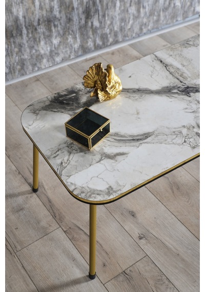 Zigon Sehpa Ve Orta Sehpa Kr Set Çift Gold Metal Beyaz Mermer Desen