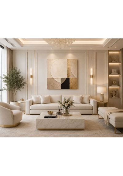 Modern Soyut Geometrik Kare Kanvas Tablo Gold Detaylı Bej Krem Minimalist Luxury Salon, Yatak Odası Ve Ofis Duvar Dekoru Çerçevesiz Premium Duvar Tablosu