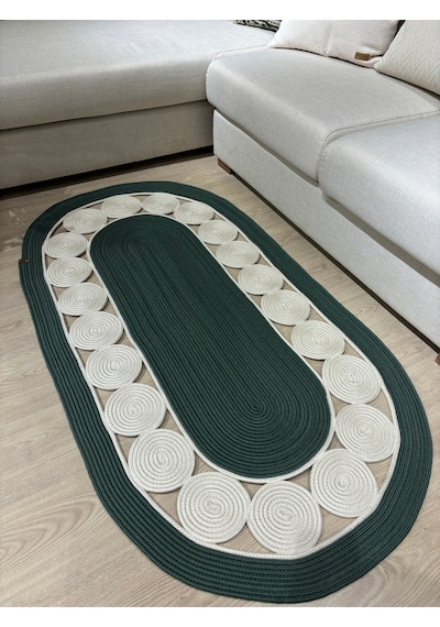 Mavaux Cookie Jüt Hasırlı El Örgüsü Kilim Krem - Yeşil