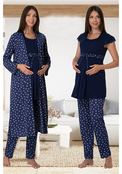 Effortt Dvina Lohusa Hamile Desenli Sabahlıklı Ve Kısa Kollu Pijama Takımı -3'lü Set - Lacivert Lacivert Effortt Dvina Lohusa Hamile Desenli Sabahlıklı Ve Kısa Kollu Pijama Takımı -3'lü Set - Lacivert Lacivert