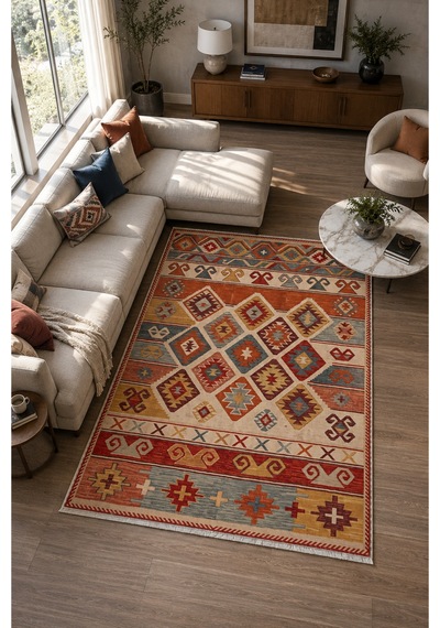 Dekoratif Halı Kaymaz Taban Leke Tutmaz Yıkanabilir Kilim Özel Ölçü Salon Halısı 3052 Çok Renkli
