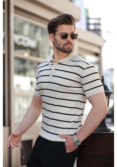 Madmext Bej Çizgili Polo Yaka Erkek T-shirt E7405 Bej