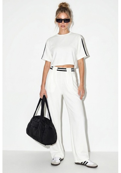 Shade Kadın Çizgi Detaylı Crop Bluzlu Yüksek Bel Modal Takım 4136 60286285 - Beyaz