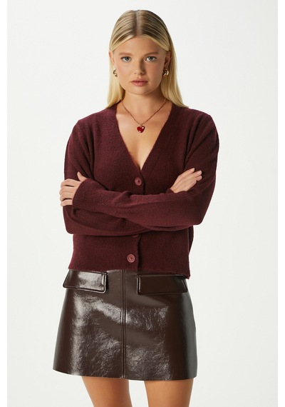 Ritnice Kadın Bold Yumuşak Doku V Yaka Bordo Triko Hırka 70148 Bordo