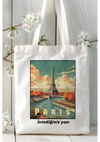 Art Hediye Paris Baskılı Bez Çanta Omuz Çantası Kişiye Özel Desen Çok Renkli