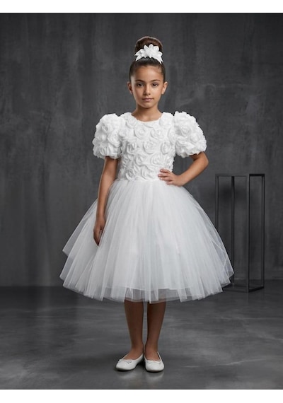 Mnk Baby & Kids Luvia Kısa Kol Kız Tütü Abiye Elbise M00811 Beyaz