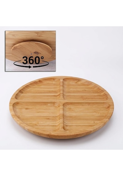 4 Bölmeli Dönerli Bambu Sunum Tepsisi, 360 Derece Dönebilen Yuvarlak Bambu Sunumluk, Kahvaltı, Kuruyemiş, Lokum, Zeytin, Kuru Meyve, Peynir Ve Atıştırmalık Servis Tepsisi 30cm