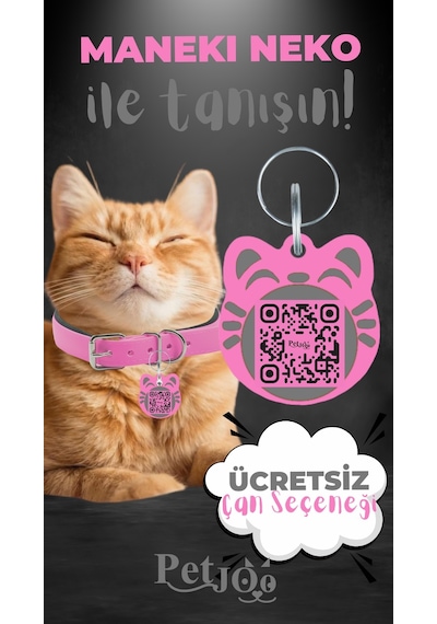Petjoo 4.Maneki Neko Gri-Pembe Qr'lı Kedi Künyesi
