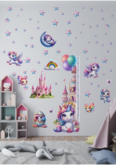 Unicorn Temalı Gökkuşağı Renkli Boy Ölçerli Duvar Sticker Seti - Mat, Sökülebilir, Çocuk Odası Dekoru 01