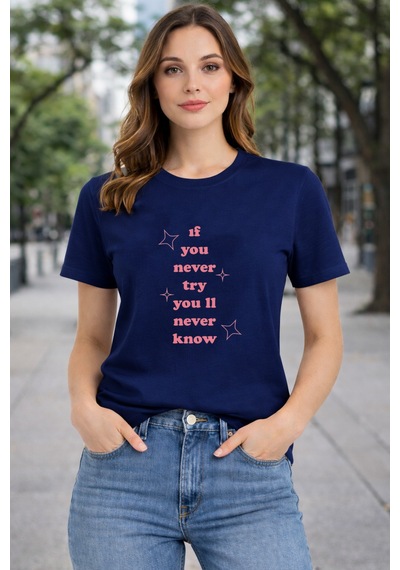 Herkesemoda İf You Never Baskı Detaylı Basic T-shırt Lacivert