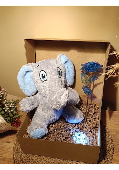 Kutulu Hediye Seti / Peluş Fil 24cm - Renk Değiştiren Işıklı Anahtarlık - Sonsuzluk Gülü