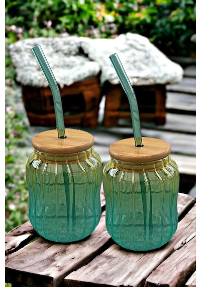 2'li Emerald Bambu Kapaklı Pipetli Cam Bardak Isıya Dayanıklı New Still Yesil