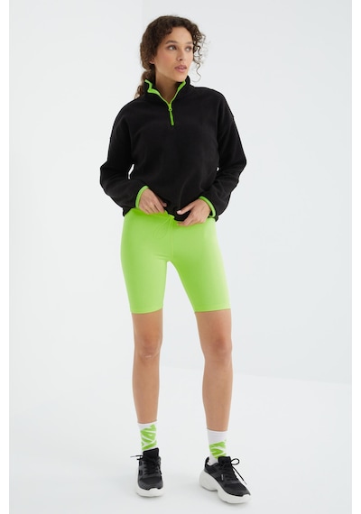 Tommy Life Siyah Yarım Fermuar Etek Ucu Büzgülü Dik Yaka Oversize Kadın Polar Sweatshirt - 97234 Siyah