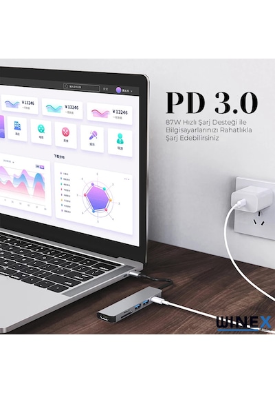 Winex 8In1 Usb Type-C Hub Port Adaptör Hdmı Usb Ethernet Pd Giriş
