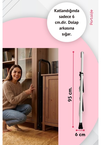 Portalife 2 Basamaklı Uzun Tutacaklı Şık Beyaz Çelik Merdiven - Katlanır 100 Cm'ye Kadar
