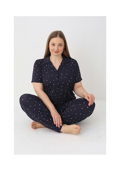 Estiva Kadın Puantiyeli Lacivert Kısa Kollu Önden Düğmeli Soft Battal Pijama Takımı Çok renkli