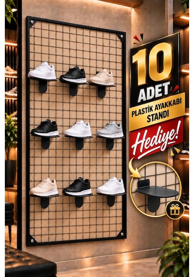 Sık Telli Tel Raf - Tel Pano Stand, Duvar Askılığı-10 Adet Plastik Ayakkabı Standı Hediyeli 60x120 Cm 60 x 120 CM