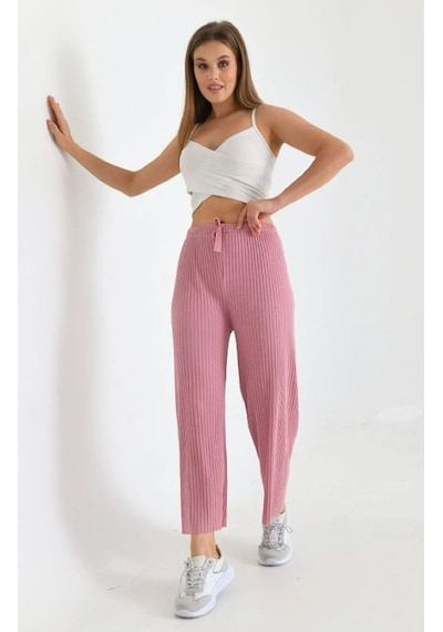 Duygudan Fitilli Dokulu Beli Lastikli Rahat Ev Pantolonu - Pembe