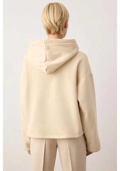 Benerly Kadın Kapüşonlu Düşük Kol Oversize Örme Sweatshirt Fonksiyonel Da Taş