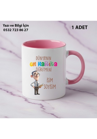 Dünyanın En Harika Öğretmeni Tasarımlı Kupa Bardak-öğretmenler Günü Hediye-kişiye Özel İsim Yazılır Pembe