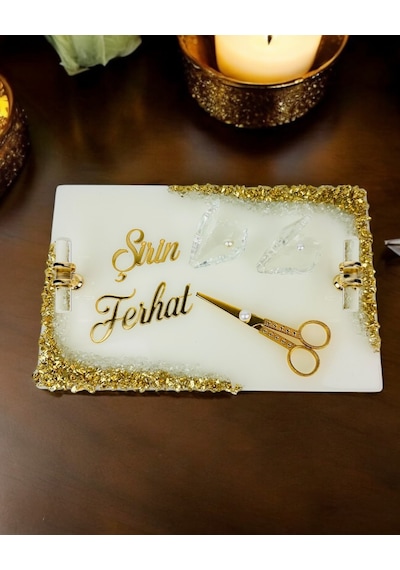 Spark Gold Epoksi Söz Nişan Tepsisi Mavi Mavi