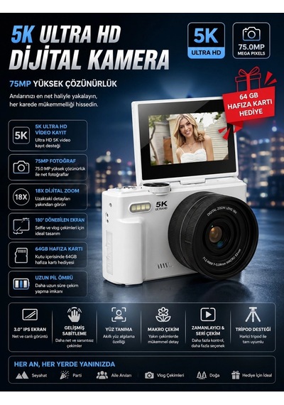 Mep 5k 75mp Hd Dijital Kamera 18x Dijital Zoom, Flaşlı,3.0 İnç Ekranlı Fotoğraf Makinesi Najmaddin