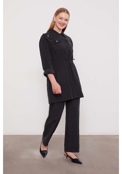 Lale Butik Çiçek Detay Gömlek Pantolon Takım 100796 Siyah