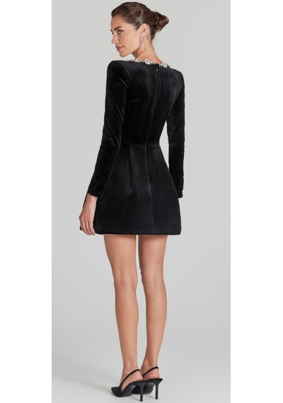 Hanife Glam Couture Hanife Glam Kare Yaka Taşlı Mini Kadife Elbise Siyah