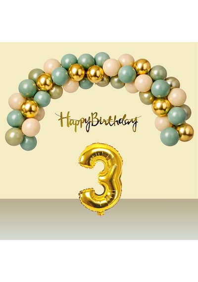 3 Yaş Retro Gold Kromgold Küfyeşili Kumbeji Balon Happy Birthday Banner Gold Rakam Doğum Günü Süsü Çok Renkli
