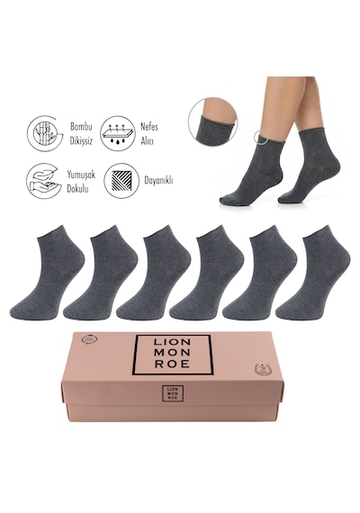 Lion Monroe Saf Bambu Kadın Lastiksiz Gri Soket Dikişsiz Premium Çorap Kutulu 6'lı / Iz Bırakmaz / Sıkmayan Çorap L5952az